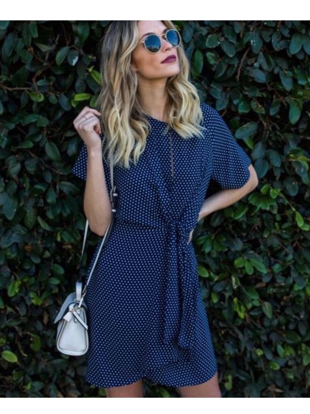 Navy Polka Dot Tie-Waist Dress - Womens